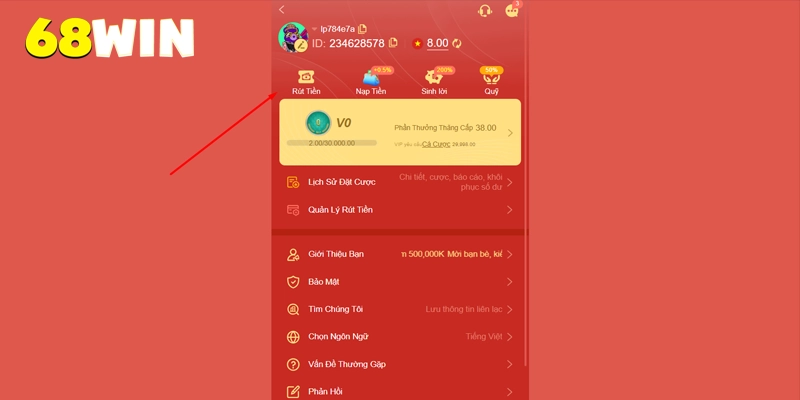 Rút Tiền 68win Nhanh Chóng Và Bảo Mật Tài Khoản Đúng Cách 9 Chọn rút tiền tại trang cá nhân 68win